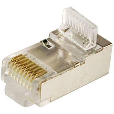 Wtyczka RJ45 z metalu, widok z boku. Widoczne złącze i metalowe styki. Stosowana do połączeń sieciowych.