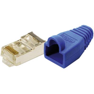 Wtyczka RJ-45 obok niebieskiej gumowej osłonki do połączeń sieciowych.