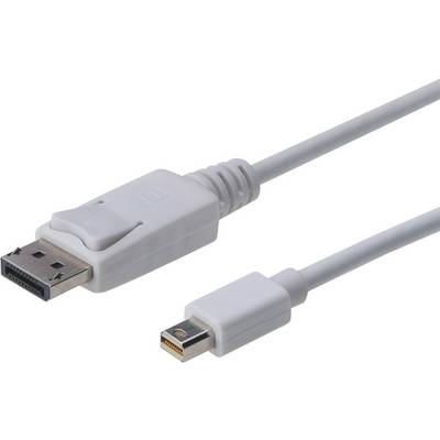 Biały kabel z wtyczką DisplayPort i wtyczką Mini DisplayPort na białym tle.