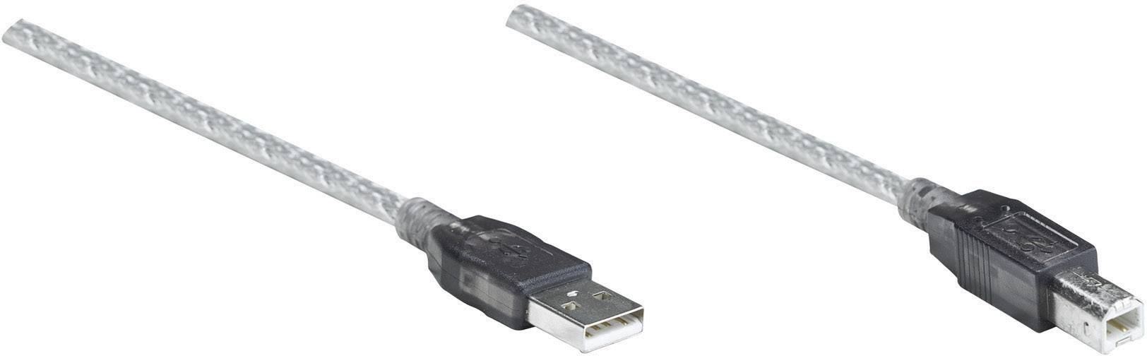 Szary kabel USB z wtykiem USB-A po lewej stronie i wtykiem USB-B po prawej stronie, często używany do podłączania drukarek.