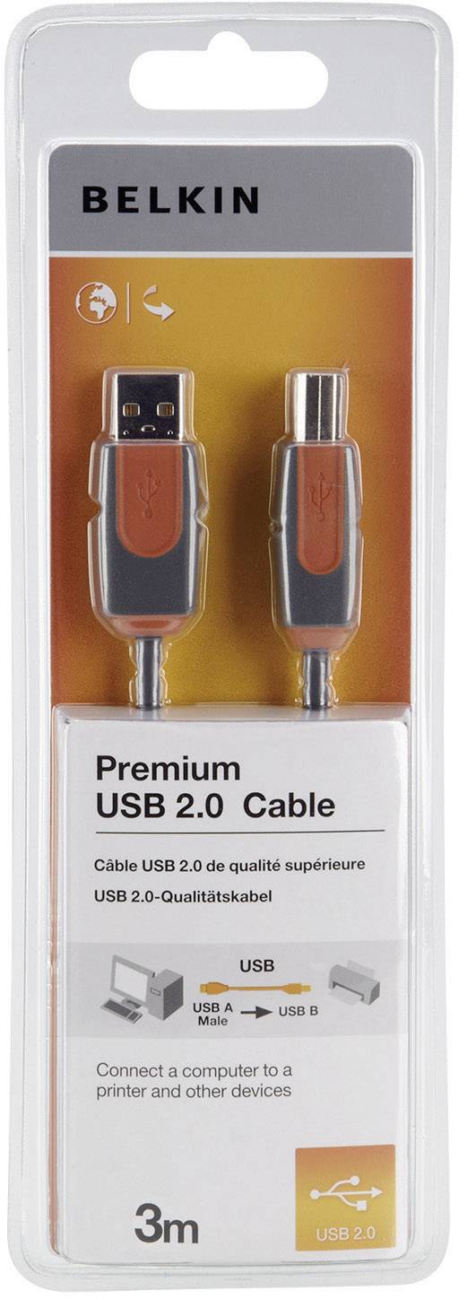Kabel Belkin Premium USB 2.0, długość 3 metry. Łączy komputery z drukarkami lub innymi urządzeniami. Złącze USB Typ A do USB Typ B.