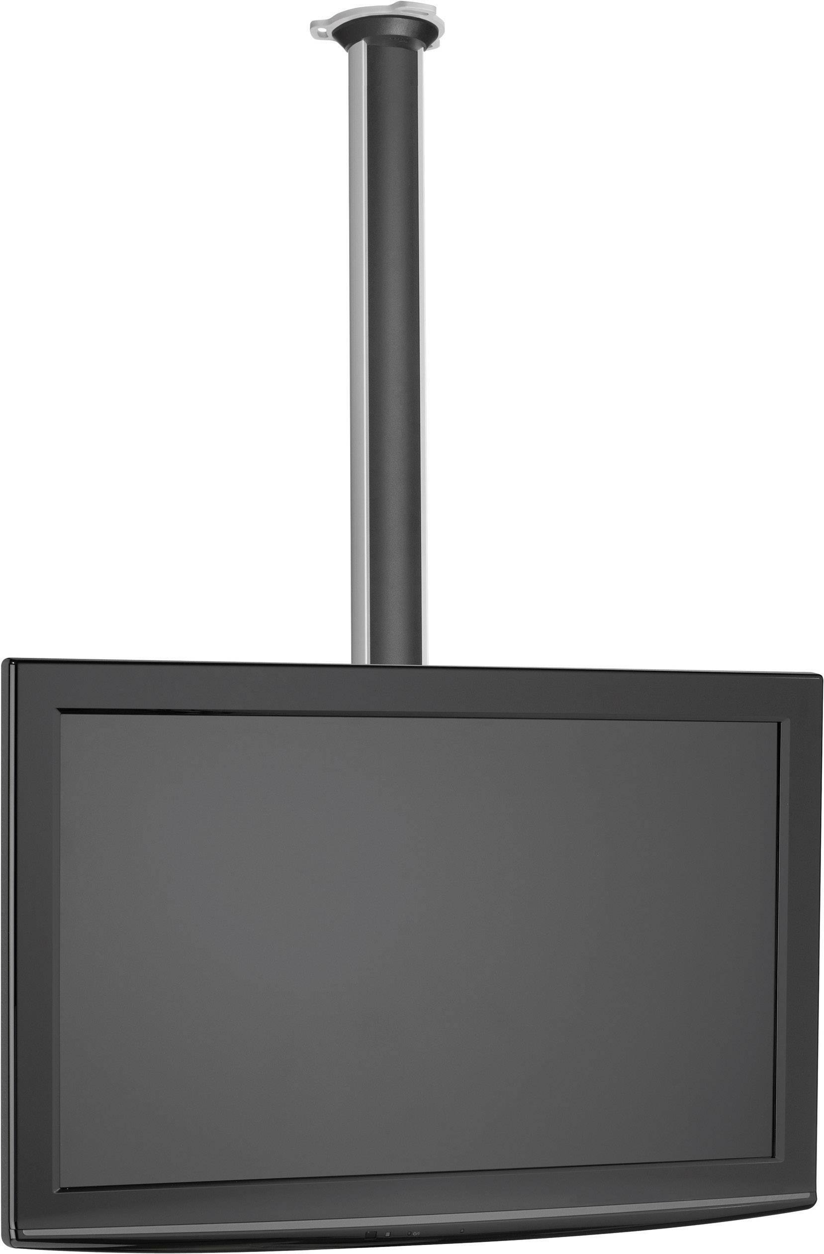 Czarny telewizor płaski jest zamocowany na uchwycie sufitowym. Ekran jest wyłączony.