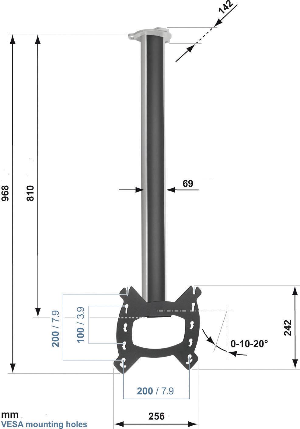 Mocowanie projektora z regulowanym kątem nachylenia 0-20°, całkowita wysokość 968 mm, rozstaw podstawy 200 mm, otwory montażowe VESA.