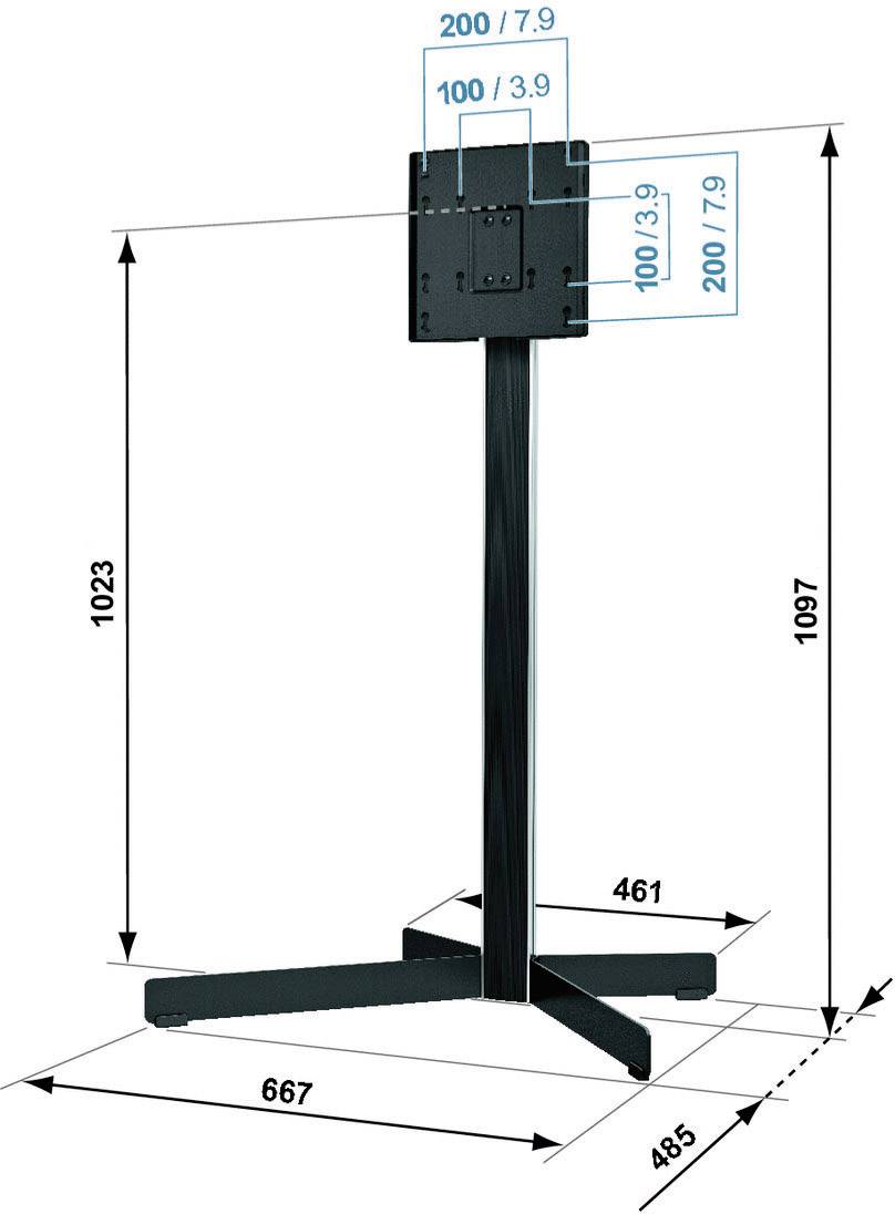 Stojak z mocowaniem VESA, wymiary: wysokość 1023 mm, szerokość 667 mm, głębokość 485 mm. Rozmiar VESA: 100 x 100 mm oraz 200 x 200 mm.