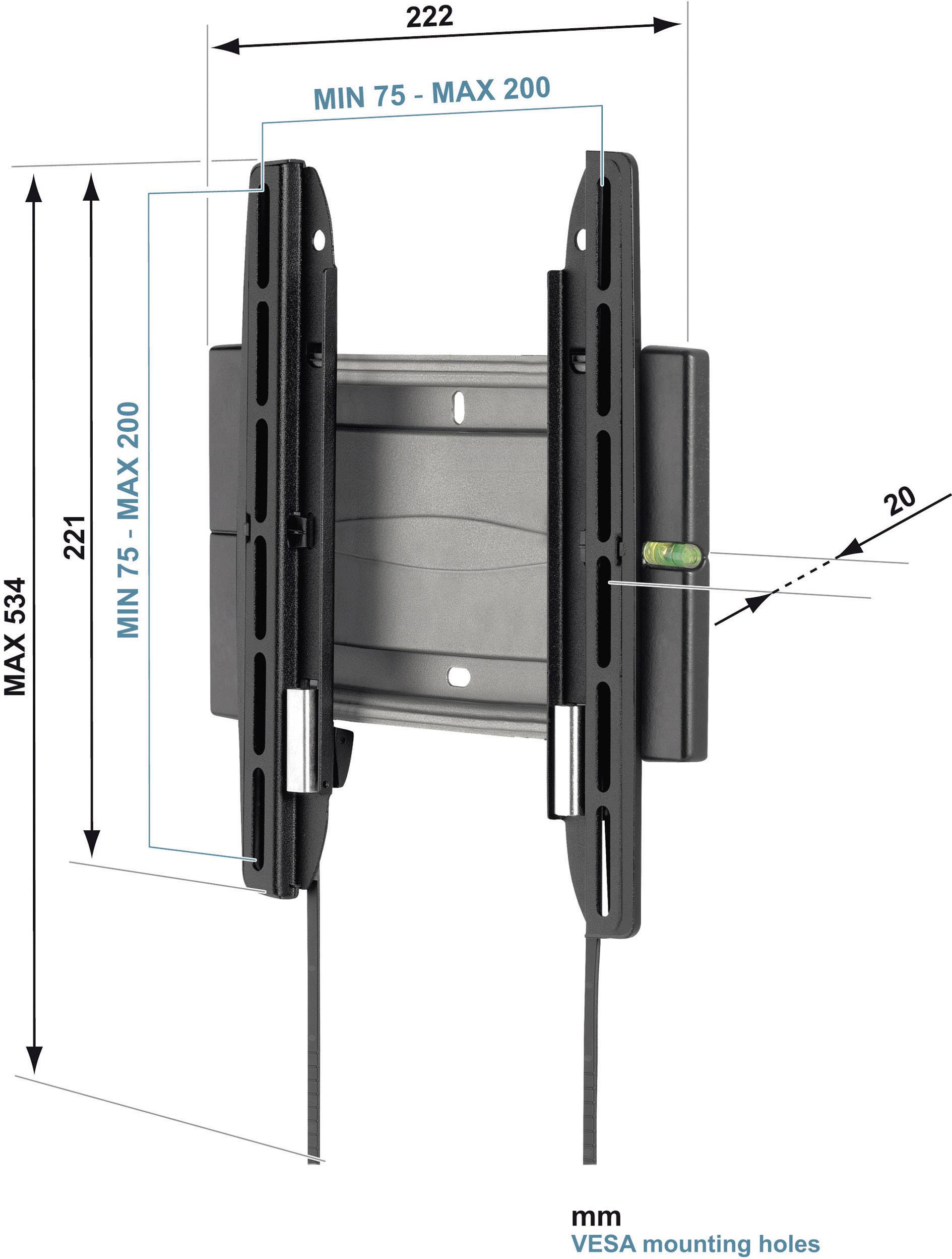 Uchwyt ścienny z regulowanym kątem nachylenia i otworami montażowymi VESA, kompatybilny z monitorami o rozstawie od 75 do 200 mm. Maksymalna wysokość 534 mm.