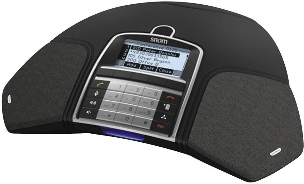 Telefon konferencyjne z podświetlanym wyświetlaczem pokazuje listę połączeń i opcje. Widoczna klawiatura z przyciskami numerycznymi. Urządzenie jest czarne z szarymi akcentami.