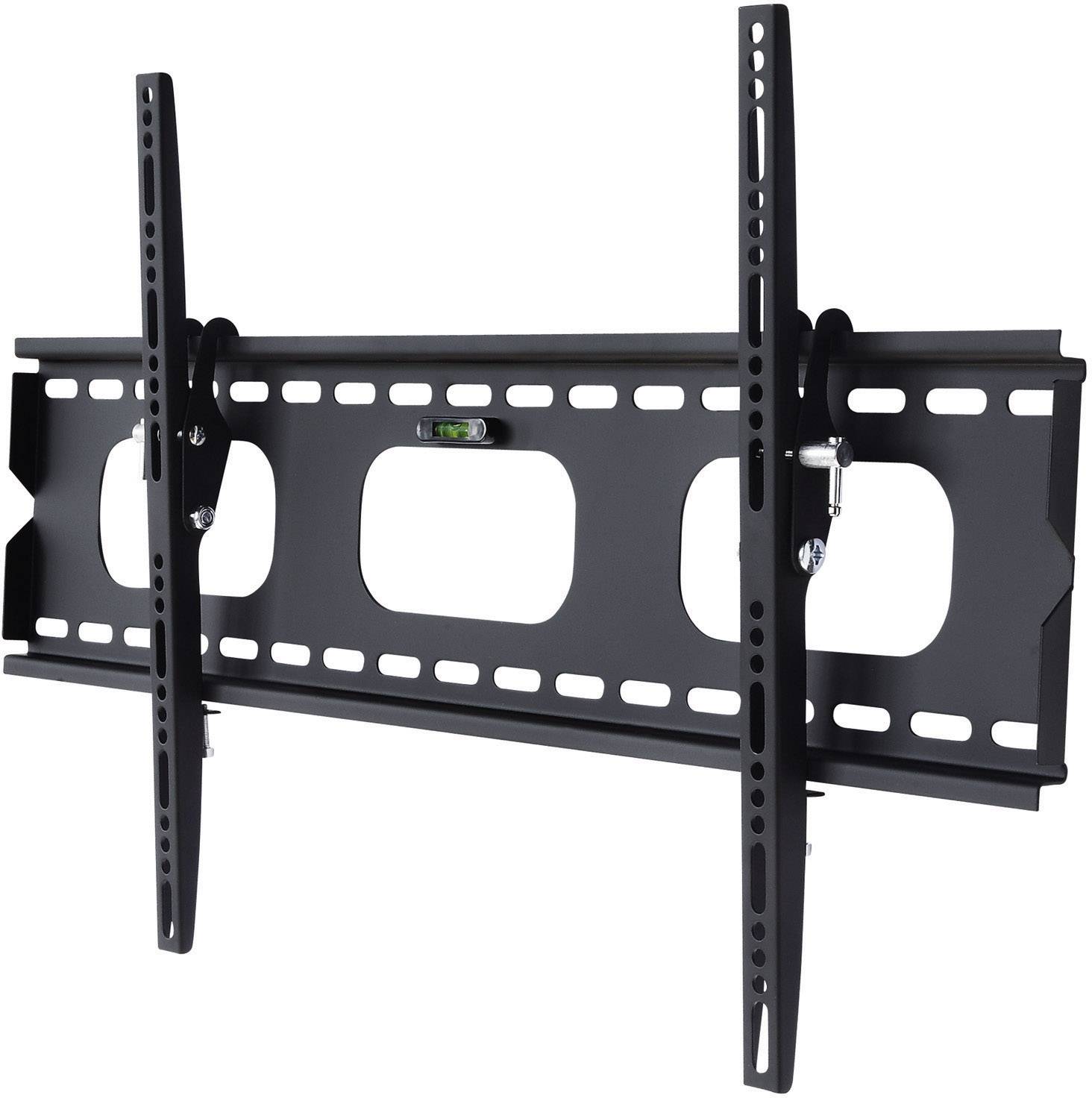 Czarna, regulowana ścienna podstawa pod telewizor z wbudowanym poziomnikiem, odpowiednia do dużych telewizorów płaskich.