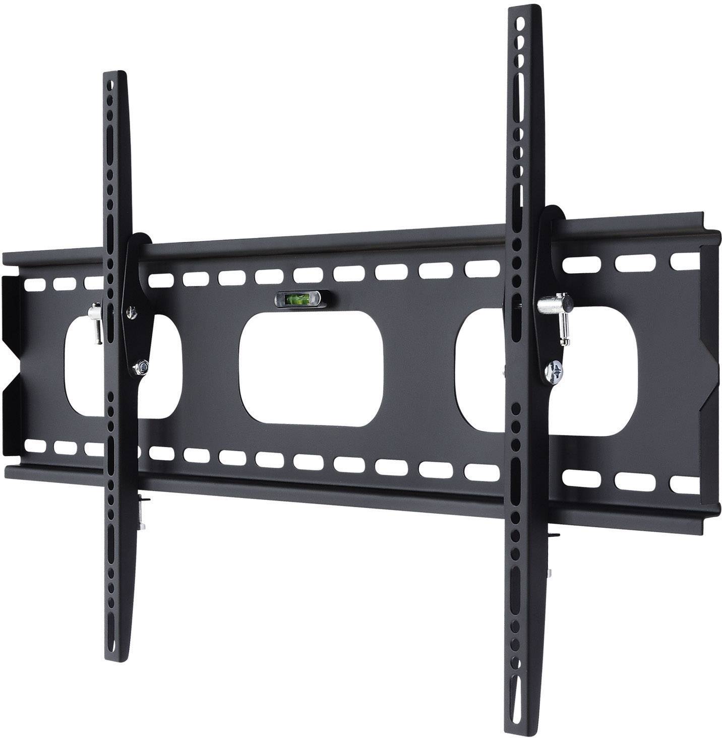 Czarna ścienna podstawa do telewizora z wieloma otworami montażowymi i wbudowaną poziomicą do precyzyjnego ustawienia.