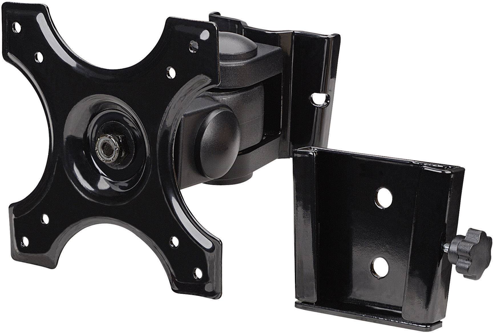 Czarna metalowa podstawka do monitora z płytą montażową VESA, możliwa do pochylenia i obrotu, pokazująca dwie części: płytę i ramię mocujące.