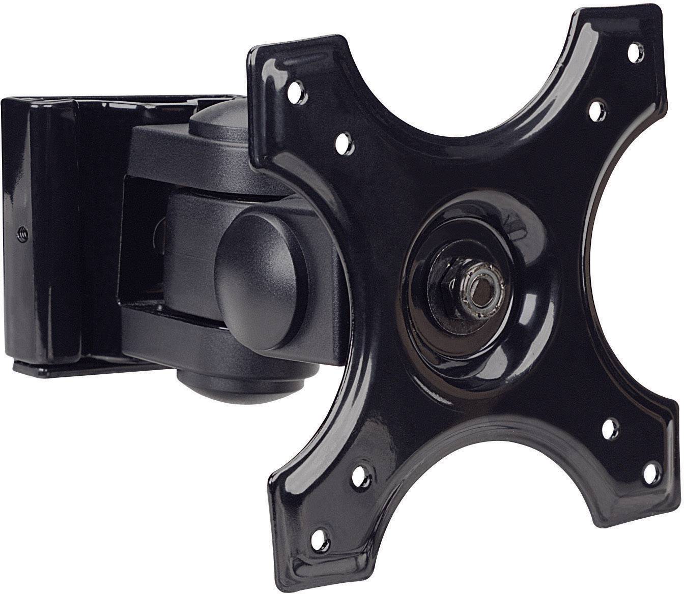 Czarna, naścienna podstawa do telewizora z czterema punktami mocowania, odpowiednia do płaskich ekranów.