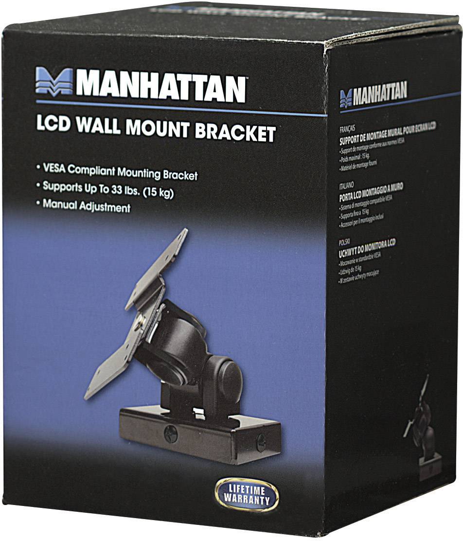 Opakowanie uchwytu ściennego do monitora LCD marki MANHATTAN. Obsługuje mocowanie zgodne ze standardem VESA, do 15 kg. Mechanizm regulacji ręcznej.