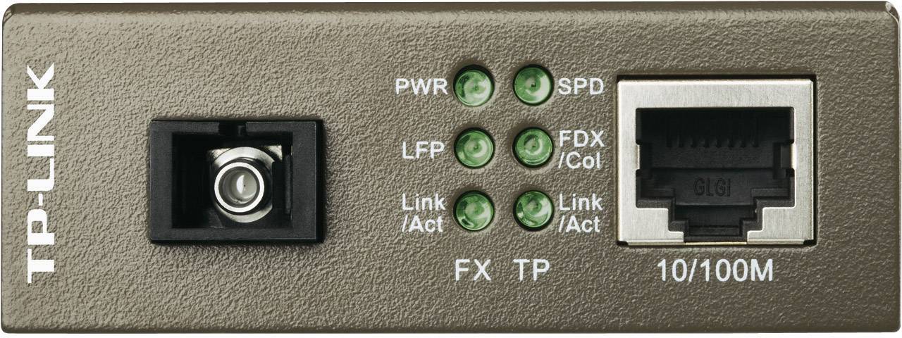 Konwerter mediów sieciowych firmy TP-Link z interfejsem optycznym po lewej stronie i portem Ethernet po prawej stronie. Diody LED wskazują stan urządzenia: PWR, LFP, Link (Act), SPD, FDX, COL.