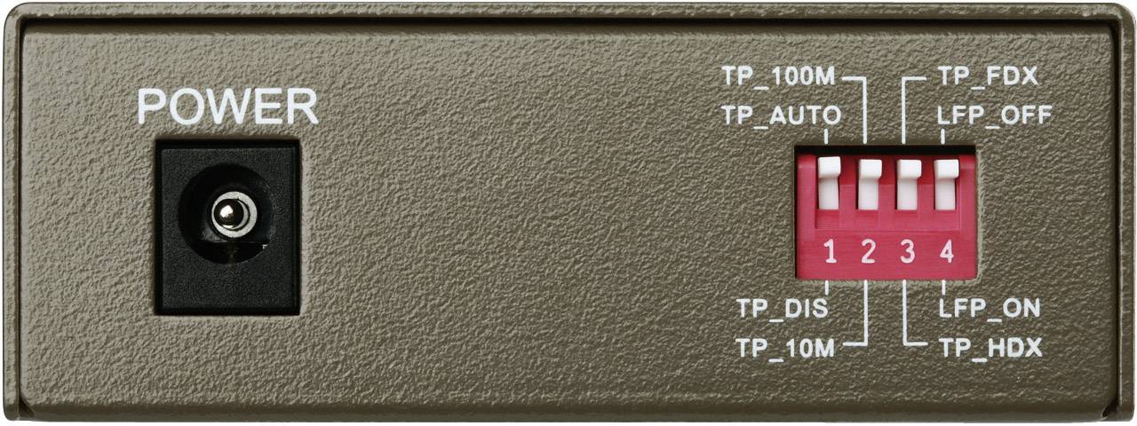 Ciemnobrązowe urządzenie z gniazdem zasilania po lewej stronie i czterema przełącznikami do ustawiania trybów sieciowych po prawej stronie.