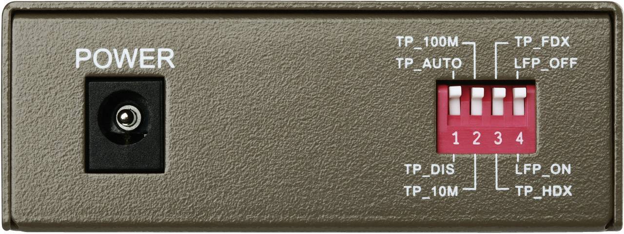Czarny adapter z gniazdem zasilania po lewej stronie i czerwonym przełącznikiem DIP po prawej, oznaczony opcjami ustawień TP i LFP.
