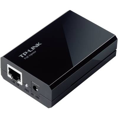 Czarny iniektor PoE firmy TP-Link z portem LAN, przełącznikiem sieciowym i złączem zasilania.