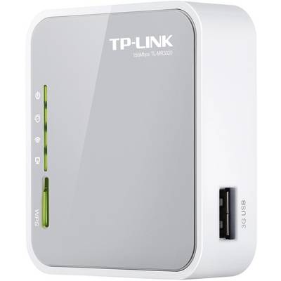 Biały router bezprzewodowy TP-Link 150Mbps TL-MR3020 z bocznym złączem USB i świecącymi wskaźnikami statusu na przedniej stronie.