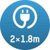 Symbol wtyczki na niebieskim tle z napisem '2 x 1,8 m', wskazujący na dwa przewody o długości 1,8 metra każdy.