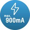 Okrągły symbol z piorunem i napisem 'maks. 900 mA', wskazujący maksymalne natężenie prądu.