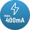 Niebieski krąg z białym symbolem błyskawicy z napisem 'maks. 400 mA'.