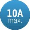 Niebieski symbol w kształcie koła z białym tekstem '10A max.', wskazujący na maksymalne obciążenie prądowe wynoszące 10 amperów.