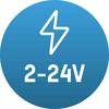 Niebieski symbol z białą błyskawicą i napisem '2-24V', wskazujący zakres napięcia.