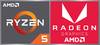 Logo marki AMD: Po lewej napis 'Ryzen 5' z pomarańczowym kołem, po prawej 'Radeon Graphics' z stylizowanym czerwonym symbolem.
