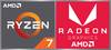'AMD Ryzen 7 z grafiką Radeon'. Kwadratowe logo: po lewej Ryzen 7 w szarym i pomarańczowym kolorze, po prawej Radeon Graphics w czerwonym i białym.