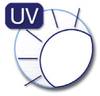 Logo z stylizowanym słońcem i tekstem 'UV' w lewym górnym rogu. Symbolizuje ochronę lub informacje dotyczące promieniowania UV.