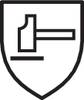 Symbol młota na tarczy. Sygnalizuje ochronę lub bezpieczeństwo, prawdopodobnie w kontekście przemysłowym lub rzemieślniczym.