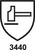 Piktogram młotka na tarczy, z numerem '3440' poniżej. Symbol normy kontrolnej lub standardu bezpieczeństwa.
