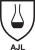 Czarno-białe piktogram laboratoryjnej kolby na tabliczce z literami 'AJL' poniżej.