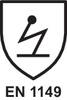 Stylizowany piktogram błyskawicy w tarczy nad napisem 'EN 1149', wskazujący na odzież ochronną o właściwościach antystatycznych.