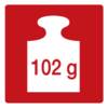 Czarny symbol wagi z napisem '102 g' na jasnoniebieskim tle.