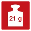 Czarne obciążenie z napisem '21 g' na niebieskim tle symbolizuje określoną masę.
