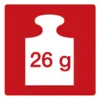 Czarny symbol wagi na niebieskim tle z napisem '26 g', wskazujący wagę 26 gramów.