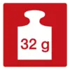 Czarny symbol wagi na niebieskim tle z napisem '32 g', wskazujący wagę 32 gramów.