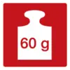 Na białym tle czarnej ikony wagi widnieje napis „60 g" kolorem białym, na jasnoniebieskim tle.