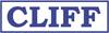 Logo z tekstem 'CLIFF' napisanym wielkimi, niebieskimi literami na białym tle, otoczone niebieskim prostokątem.
