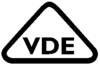 Znak kontrolny VDE: Logo w kształcie trójkąta z literami 'VDE', które oznacza sprawdzone bezpieczeństwo i jakość produktów elektrycznych.