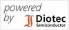 Logo 'Napędzane przez Diotec Semiconductor'. Szary tekst po lewej stronie, stylizowana czerwona litera 'D' z czarnym napisem po prawej stronie.