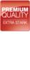 Turkusowa etykieta z napisem 'Premium Quality Extra Stark', która wskazuje na produkty wysokiej jakości i wytrzymałe.