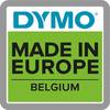 Na etykiecie widnieje 'DYMO', 'MADE IN EUROPE' oraz 'BELGIUM' na zielonym tle z szarą ramką.