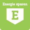 Zielone tło z białym herbem i literą 'E'. Na górze widnieje napis 'Oszczędzaj energię'.