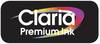 Logo z napisem 'Claria Premium Ink', otoczone kolorowym, dynamicznym paskiem w kolorach tęczy na czarnym tle.
