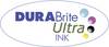 Logo firmy DuraBrite Ultra Ink. Niebieskie, zielone, różowe, czarne i żółte kręgi symbolizują kolory tuszu oraz jakość druku.
