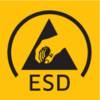 Żółty symbol z czarnym trójkątem, wewnątrz którego znajduje się dłoń nad chipem. Pod spodem widnieje napis 'ESD', co oznacza wyładowanie elektrostatyczne.