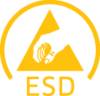 Żółty symbol ESD z ręką trzymającą trójkąt, wskazujący obszary lub urządzenia chronione przed wyładowaniami elektrostatycznymi.