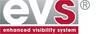 Logo 'evs' z napisem 'enhanced visibility system', srebrne tło, czerwony tekst.