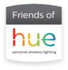 Czarno-szara etykieta z tekstem 'Friends of hue' i 'personal wireless lighting', wskazuje na powiązanie z oświetleniem Hue.