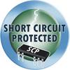 Okrągła naklejka przedstawia napis 'SHORT CIRCUIT PROTECTED' z mikrochipem u dołu, oznaczonym jako 'SCP'.